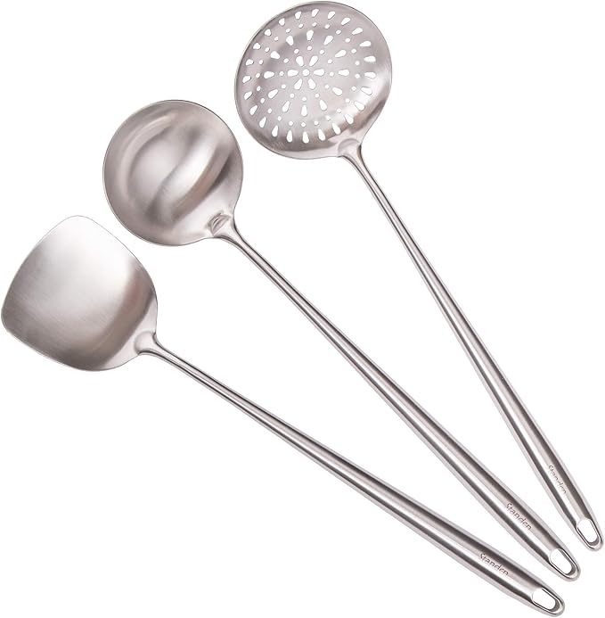 17” Wok Spatula and Ladle, Skimmer Spoon - 304 Stainless Steel Wok Tools Set, 3-Pieces Extra Long Handle Cooking Tools, All Metal Wok Utensils and Wok Accessories for Cast Iron/Carbon Steel Wok