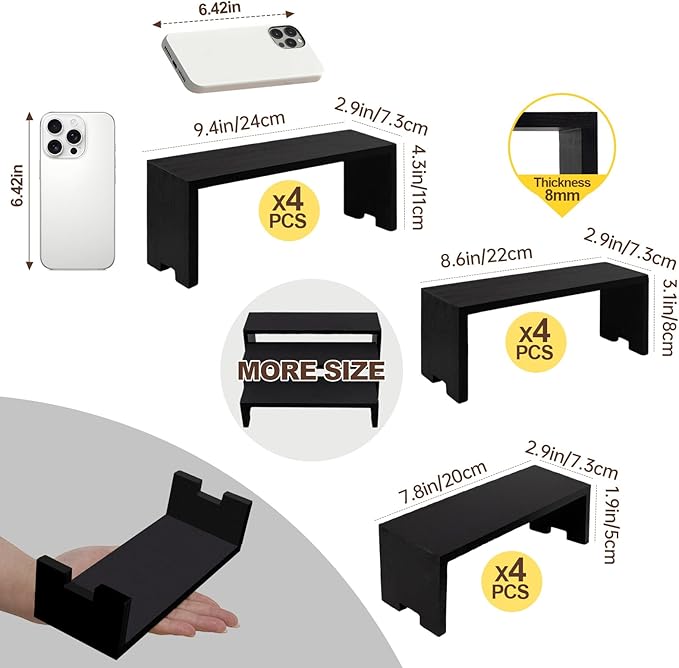 12Pcs Black Display Riser Wood Risers Cupcake Stand 3 Tier Racks Decorative Rectangular, 4 Set Cologne Perfume Organizer Dessert Stands for Vendors Event