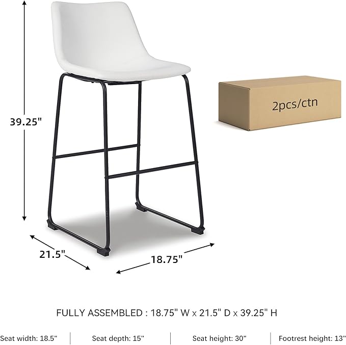 Signature Design by Ashley Centiar Urban Industrial 28.75" Pub Height Bucket Seat Barstool, 2 Count, White
