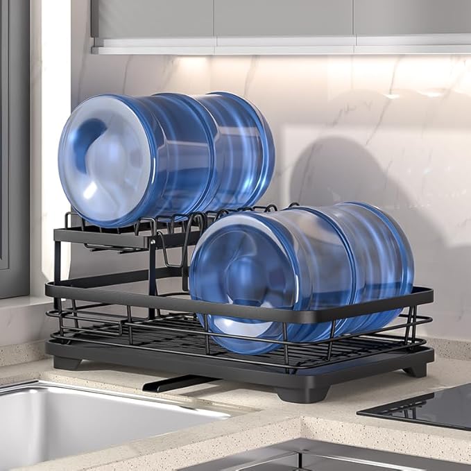 2-Tier Large Dish Drying Rack, Black Kitchen Counter Organizer with Detachable Design, Utensil Holder, Drainer for Plates, Bowls and Glassware
