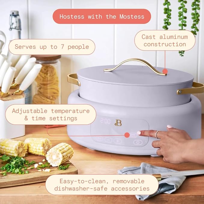 Beautiful 10-in-1 Electric Multi-Cooker by Drew Barrymore, 6-quart, digital display, 10 cooking functions, non-stick pot, easy one-touch control (Lavender)