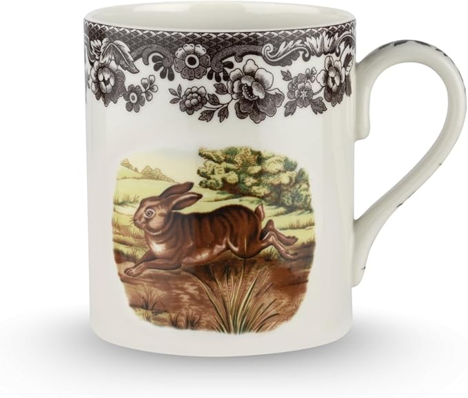 Spode Woodland Rabbit Mug - 16 oz Fine Porcelain with British Flowers Border, Dishwasher, Microwave, Freezer & Oven Safe - Country Living Wildlife Mug for Coffee, Tea, Soup & Desserts