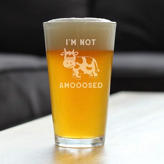 Not Amooosed - 16 oz Pint Glass for Beer - Funny Cow Gifts for Men & Women - Fun Cow Themed Decor