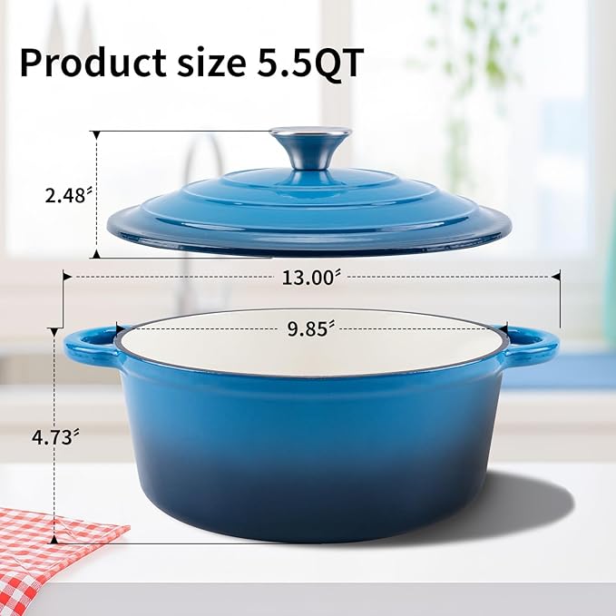 Enameled Cast Iron Dutch Oven Pot with Lid Heavy-Duty Cookware for Bread Baking,Braising,Stews,Roasting,Oven Safe up to 500°F,5.5QT,blue