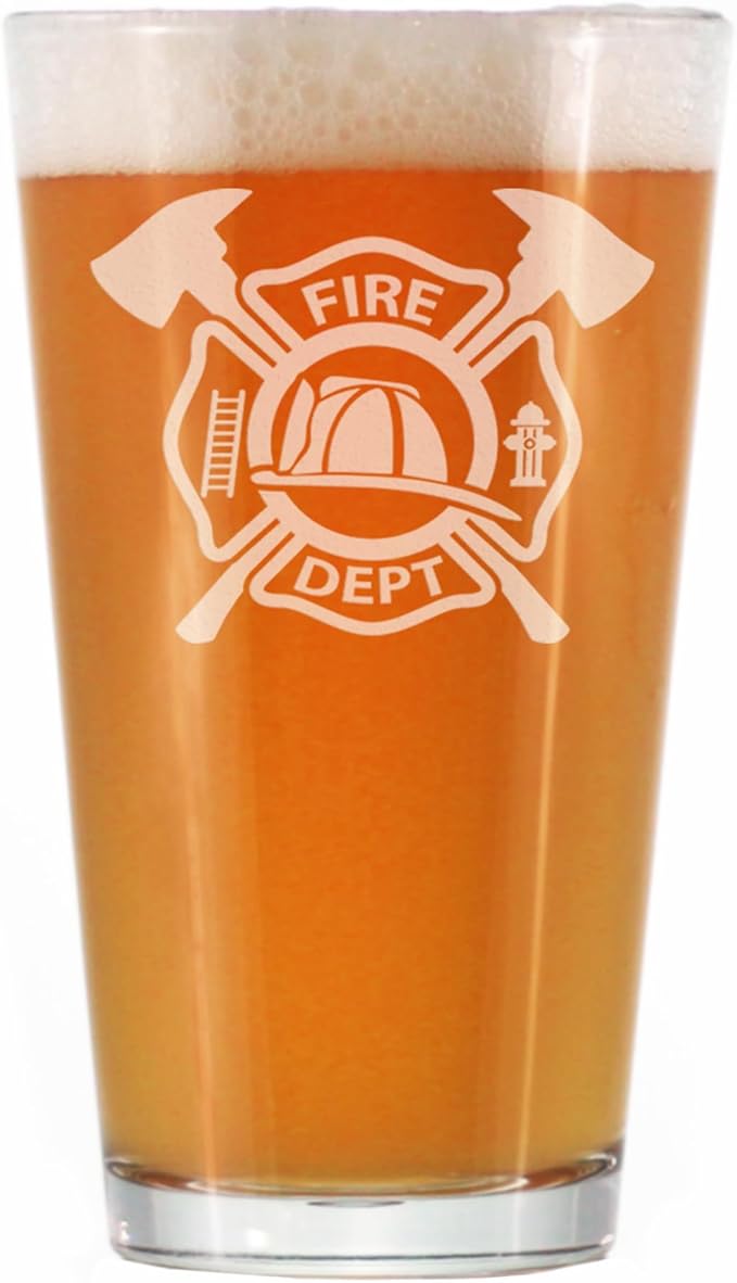Firefighter Symbol Pint Glass for Beer - Unique Fireman Beer Glass Gifts for Firefighters - 16 Oz