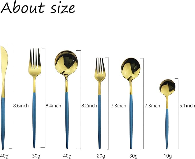JASHII 18/10 Silver Silverware Set Stainless Steel Flatware Utensils Set Gold Cutlery Set| 36-Piece Modern Cubiertos Dorados| BEST Birthday Wedding Gift (6 sets, Blue Handle Gold Mirror Polish)