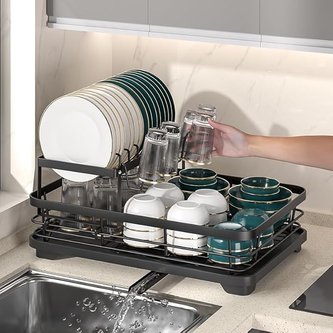 2-Tier Large Dish Drying Rack, Black Kitchen Counter Organizer with Detachable Design, Utensil Holder, Drainer for Plates, Bowls and Glassware