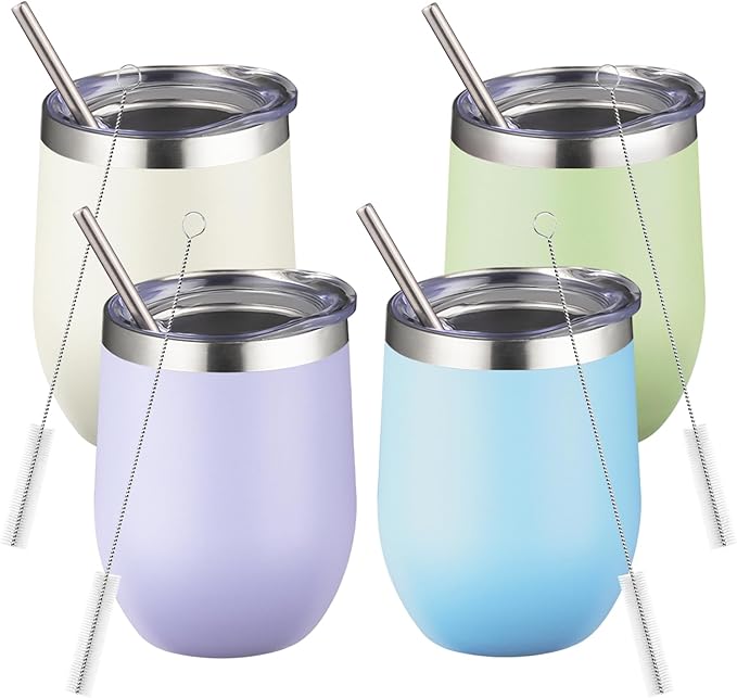 12oz/4 Pack Stainless Steel Wine Tumbler with Lids, Double WallVacuum Stainless Steel Travel Tumbler,Insulated Wine GlassesTravel Tumbler for Cold & Hot Drinks,Cup for Champaign Coffee(Cool color)