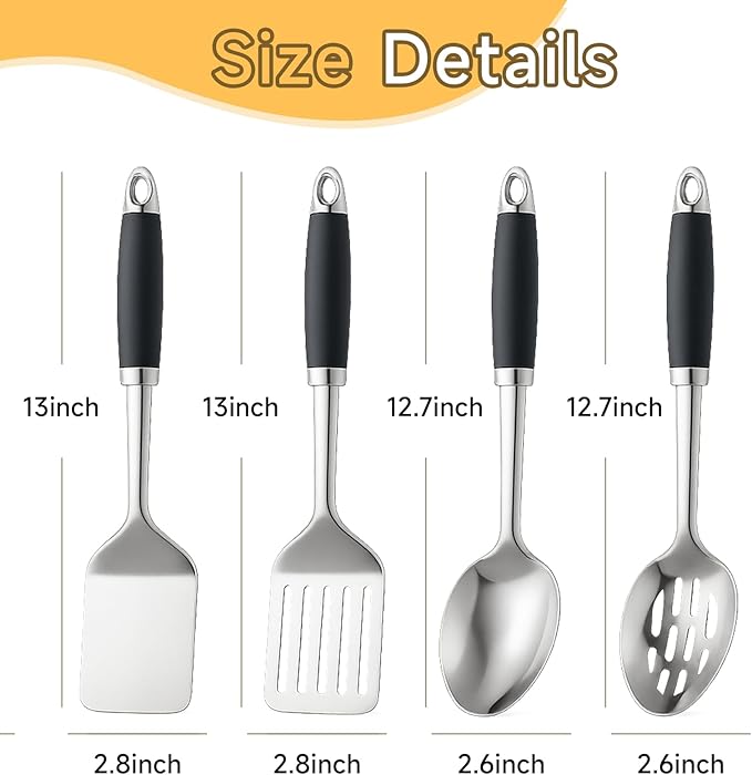 4 Pcs Stainless Steel Kitchen Utensils, Cooking Utensils Set, Includes Solid Spatula, Slotted Spatula, Cooking Spoon, Slotted Spoon, Suitable for various cooking needs