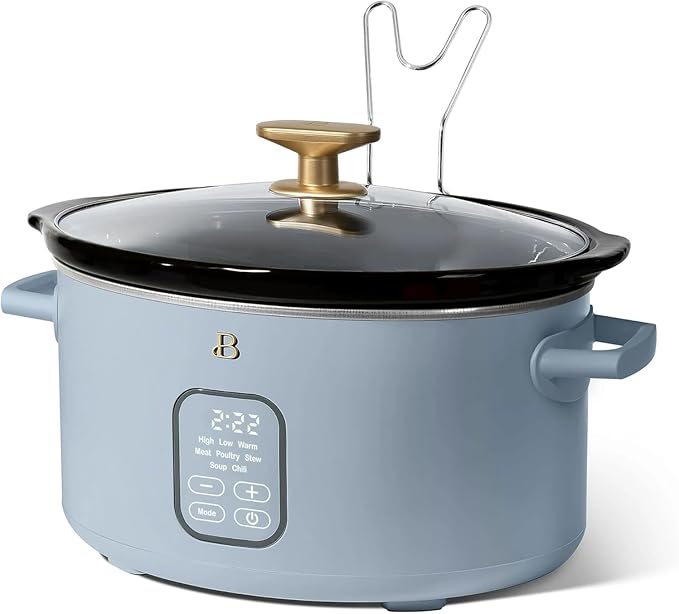 Beautiful 6 Qt Programmable Slow Cooker by Drew Barrymore - 5 Preset Cooking Functions, Digital Countdown Timer, Dishwasher-Safe Parts, and Cool-Touch Handles (Cornflower Blue)