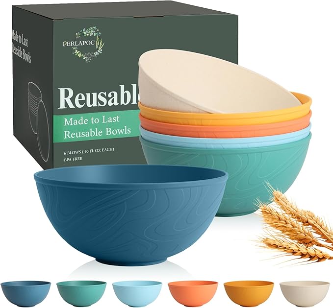 Unbreakable Cereal Bowls 40 OZ, Wheat Straw Bowls Set of 6, Alternative Plastic Bowls for Kitchen, Outdoors, Microwave & Dishwasher Safe Bowl Set for Salad, Cereal, Snack, Ramen, Multi