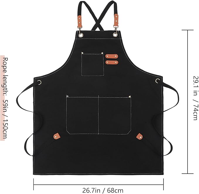Chef Apron with Cross Back Straps for Men & Women, Cotton Canvas Adjustable Apron with Pockets for Cooking,Baking,BBQ,Painting,Gardening,Workshop(Black)