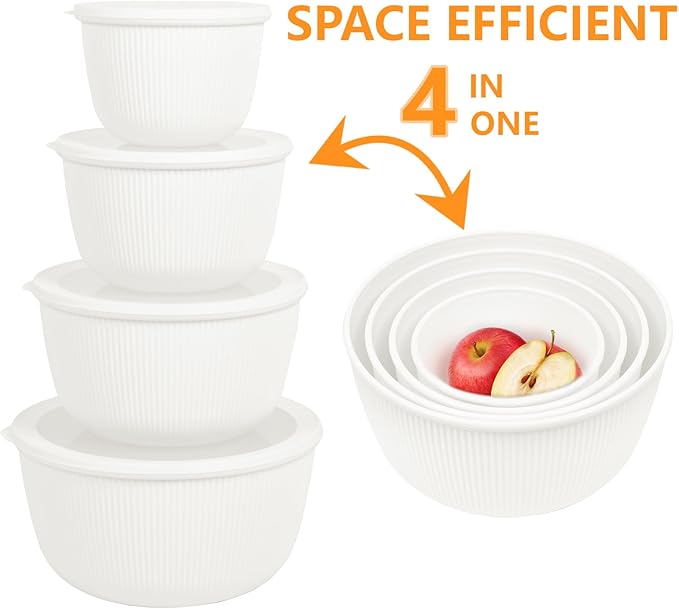 BoxedHome Mixing Bowls with Lids Set, 4 Packs BPA-Free Plastic Prep Bowls for Kitchen, Dishwasher & Microwave Safe, Large Capacity, Beige