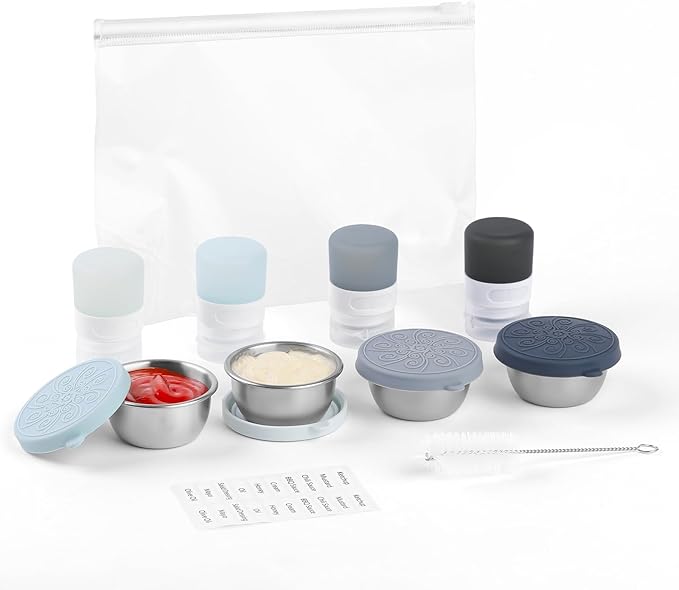 8-Pack Salad Dressing Container To Go, 1-oz Silicone Small Condiment Squeeze Bottles and 1.6 oz Stainless Steel Sauce Containers Cups, Leakproof Condiment Containers with Lids for Lunch Box