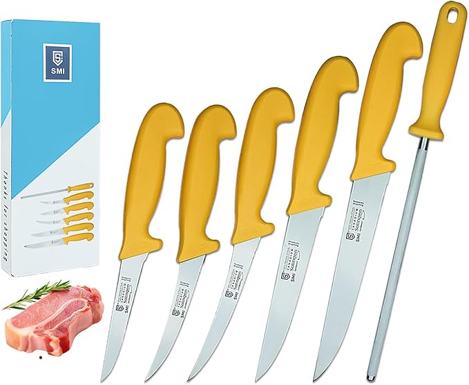 SMI - 6 Pcs Solingen Butcher Knife Set Germany Professional Chef knife Set Boning Knife Sharpening Steel Rod Meat Knife Sharp Kitchen Knives - German steel 1.4116