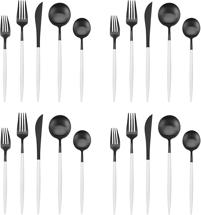 Matte Black Silverware Set with white handle, Bysta 20-Piece Stainless Steel Flatware Set, Kitchen Utensil Set Service for 4, Tableware Cutlery Set for Home and Restaurant, Dishwasher Safe