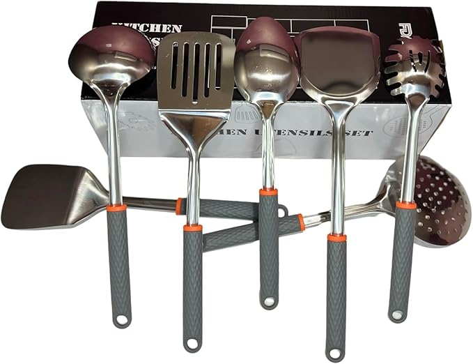 7-Piece Kitchen Utensil Set for Non-Stick Cookware - Stainless Steel with Silicone, Heat Resistant, Easy Grip, Gray & Orange