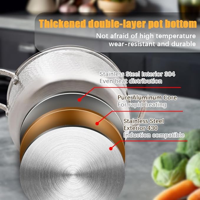 Vivicreate Tri-Ply Stainless Steel Stockpot – Deep Cooking Pot with Hammered Exterior, Compatible with All Stovetops, Even Heat Distribution, Durable Cookware for Soups, Stews, and More(5QT)