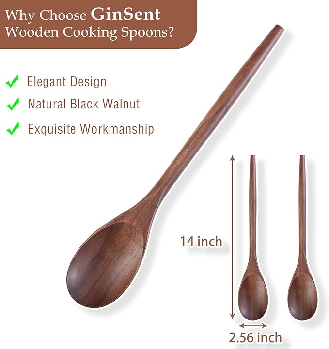 2PSC Wooden Cooking Spoons, 14 Inch Wooden Spoon for Cooking Mixing Salad or Soup Stirring, Black Walnut Nonstick Cookware Wood Cooking Spoons for Serving with Long Handle Smooth Finish