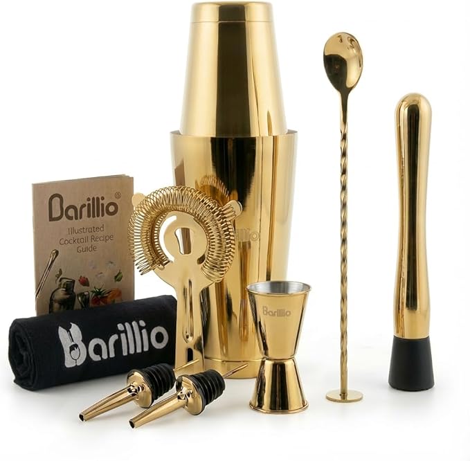 Barillio Gold Boston Shaker Set - Stainless-Steel, Weighted Martini Cocktail Shaker Set w/Strainer & Drink Mixer - Mixology Bartender Kit - Bar Set for The Home - 9-pc Drink Shaker Set - Bar Tools