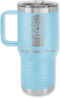 LaserGram 20oz Vacuum Insulated Travel Mug with Handle, Tiki Statue, Personalized Engraving Included (Light Blue)