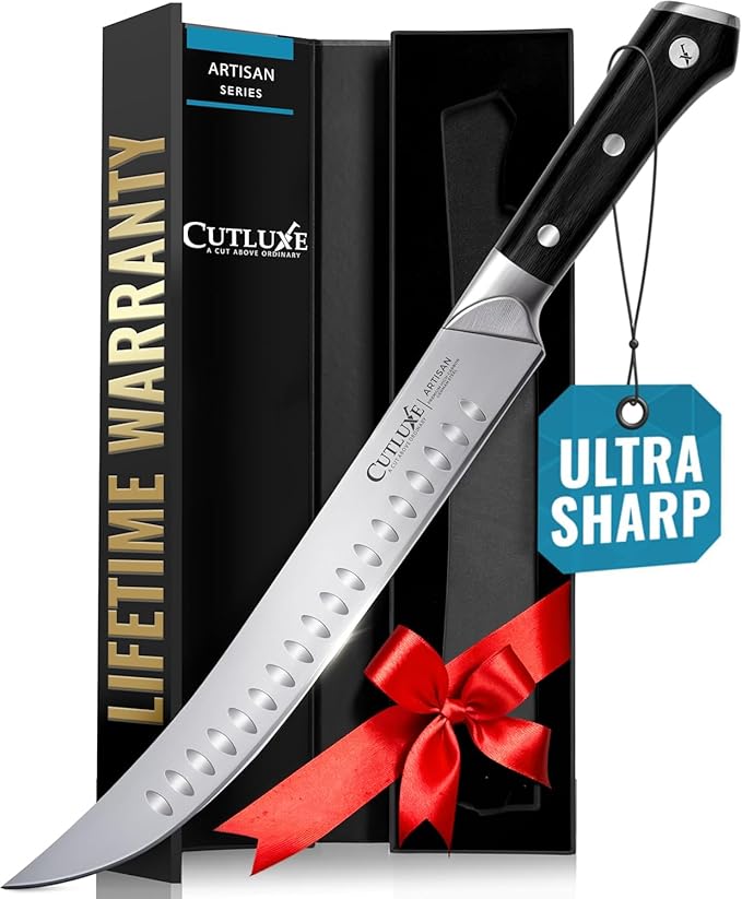 Cutluxe Butcher Knife – 10″ Cimeter Breaking Knife, Razor Sharp Forged High Carbon German Steel, Full Tang Meat Carving Knife, Ergonomic Handle Design, Grilling Gifts for Men – Artisan Series