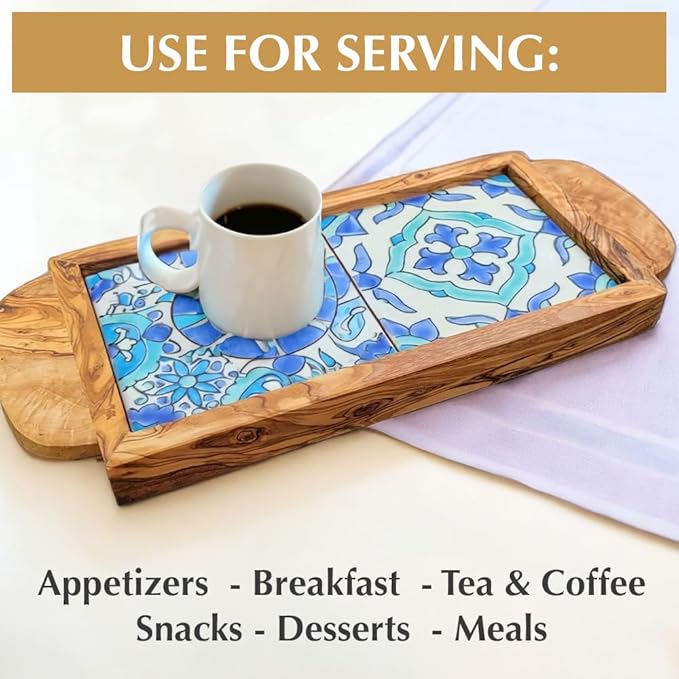 Kamsah Olive Wood Serving Tray with Handles (L:11”, W:5”) Decorative Rectangle Serving Trays for Serving Food, Drinks, Tea, Coffee -Rustic Vintage Wooden Serving Tray for Table & Gifts - Sidi Bou Said