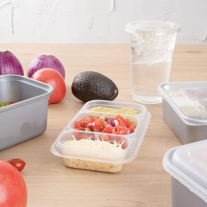 Restaurantware TRAYS ONLY: Futura 15.2 Ounce Trays For Containers, 100 Microwavable Trays For 24, 34, & 44 Ounce Containers - Containers Sold Separately, 3 Compartments, Clear Plastic Food Trays