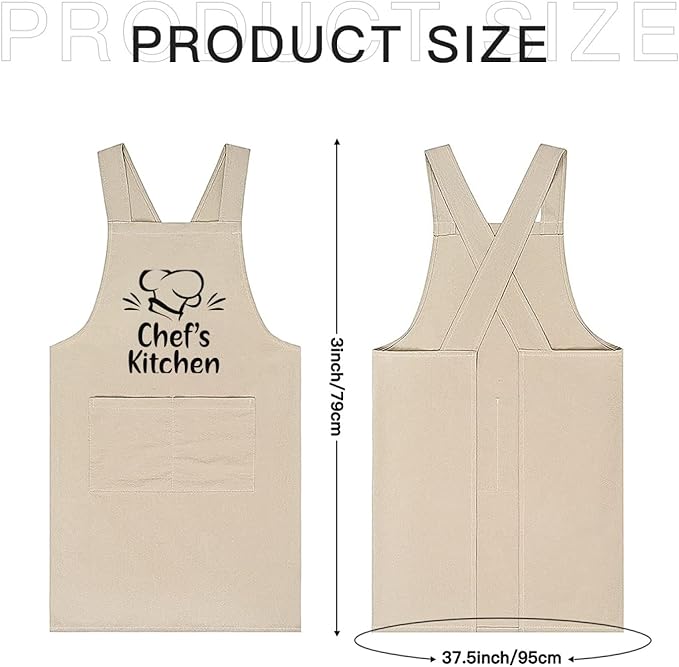 Cotton Linen Apron Non-tie Cross Back Kitchen Apron with Pockets Soft Comfortable Durable for Cooking Baking Gardening (Khaki,Chef's Kitchen)