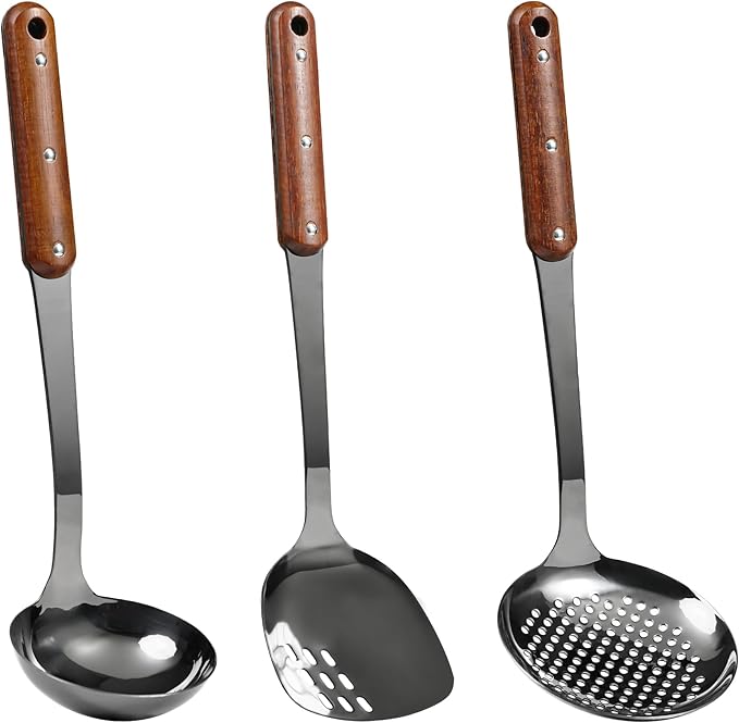 FJNATINH Stainless Steel Wok Spatula,Ladle,Skimmer Ladle Tool Set,Mirror Polished Cooking Utensils with Wooden Handle,Easy to Clean Wok Accessories,Black 3 PCS