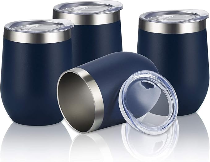 Lifecapido 4 Pack 12Oz Stainless Steel Stemless Wine Glasses, Insulated Wine Tumbler, Stainless Steel Wine Tumbler Cups with Lids and Straws for Coffee, Cocktails, Wine, Champaign, Navy Blue
