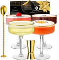VEMACITY - Ribbed Espresso Martini Glasses Set of 4 with Gold Rims - Vintage Cocktail Glasses for Margaritas, Champagne and More - Includes Jigger & Bar Spoon | Ideal for Christmas & New Years