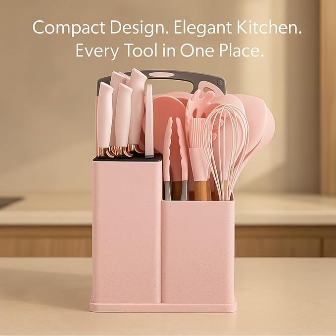 19-Piece Pink Kitchen Utensils Set - Silicone Cooking Utensils, Non-Toxic Spatula Set, Kitchen Tools, Cutting Board, Pink cooking utensils set