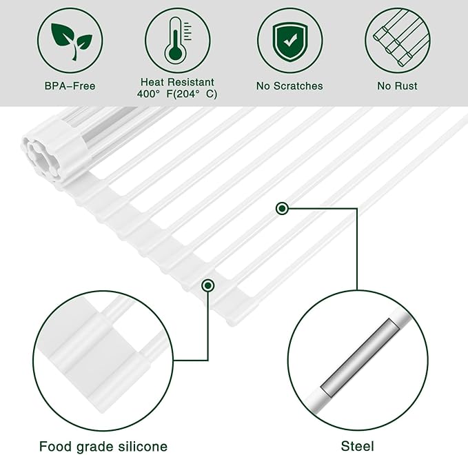 Roll Up Dish Drying Rack Over The Sink Kitchen Roll Up Sink Drying Rack Multipurpose Foldable Sink Drying Mat, Heat-Resistant, Anti-Slip & Anti-Rust Dish Rack for Kitchen, 20.5" x 13", White