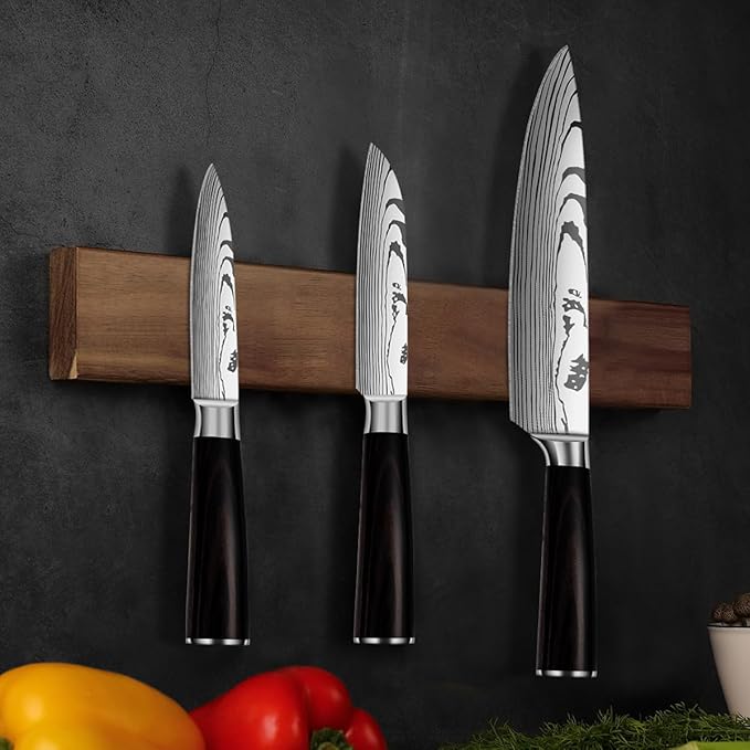 3-Piece Premium Japanese Kitchen Knife Set - Imperial Collection, Laser Damascus Pattern, 440A Stainless Steel Ultra Sharp for Fast Cutting (Redwood 3J)