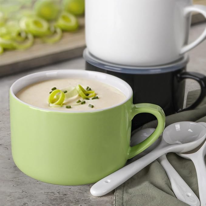 Soup Bowls with Handles & Spoons, 30oz Ceramic Ramen Bowl with Lid, Large Soup Mugs/Cups for Instant Noodle, Big Cereal Bowls for Oatmeal, Soup Containers with Lids, Set of 2, Grass Green