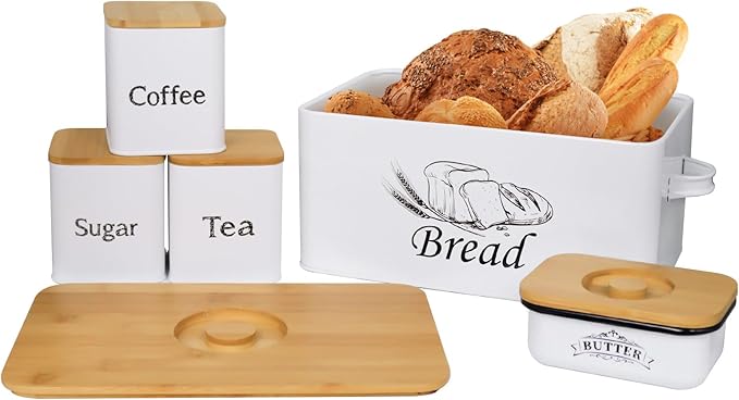 SOTECH Bread Box with 3pcs Jars Coffee Sugar Tea for Kitchen Countertop White Metal Bread Box with Bamboo Board Cover Pastry Storage Container Set Kitchen decor (bread box with jars and Butter Dish)