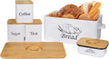 SOTECH Bread Box with 3pcs Jars Coffee Sugar Tea for Kitchen Countertop White Metal Bread Box with Bamboo Board Cover Pastry Storage Container Set Kitchen decor (bread box with jars and Butter Dish)