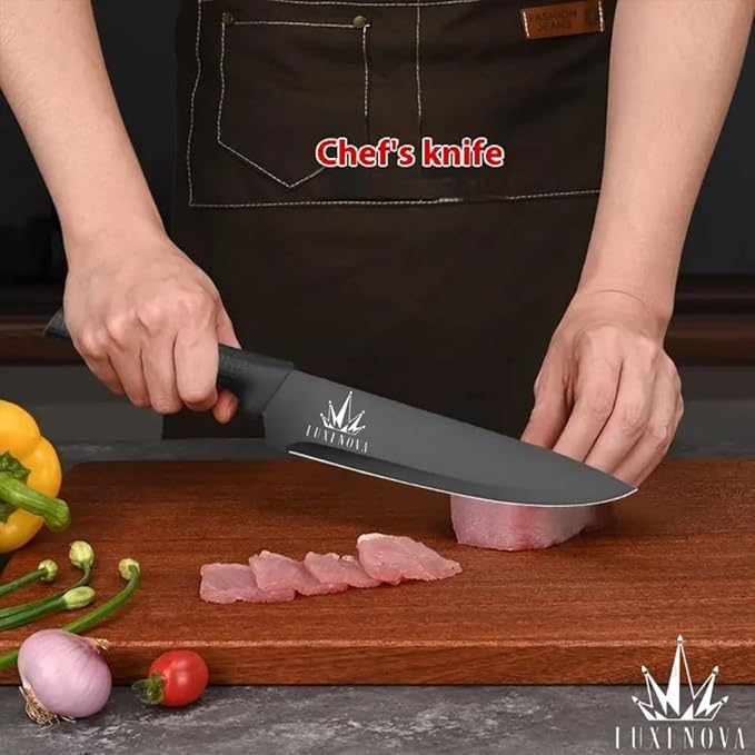 7-Piece Kitchen Knife Set – Ultra Sharp Stainless Steel Knives with Universal Block, 5-Piece Chef Knife Set, Kitchen Scissors – Non-Slip Black Handles, Modern Countertop Set