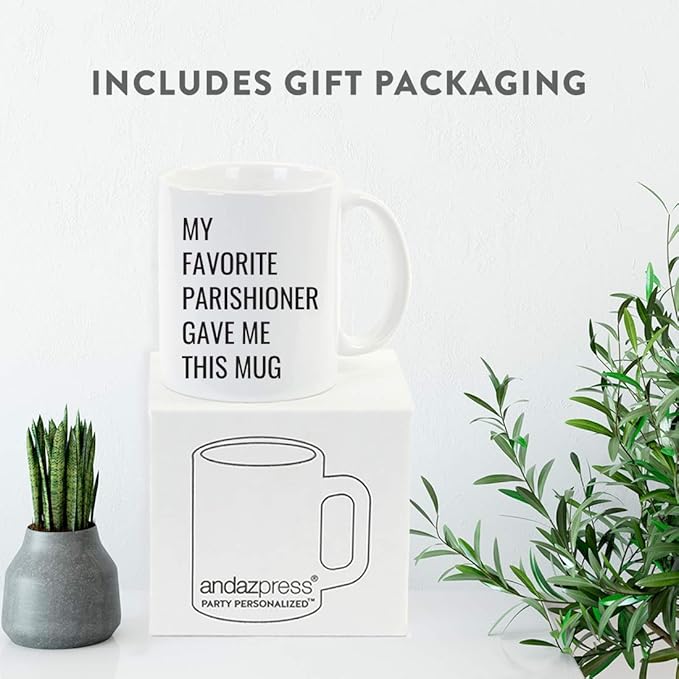 Andaz Press Funny Retirement 11oz. Ceramic Cylindrical Coffee Mug Gift, My Favorite Parishioner Gave Me This Mug, Novelty Birthday Christmas Office Cup Gifts Ideas For Priest Father Pastor