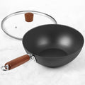 Carbon Steel Wok Pan, 9.5" Authentic Chinese Stir-Fry Pans Set with Glass Lid, 1.65lb Lightweight Flat Bottom Small Wok for 1-2 Servings