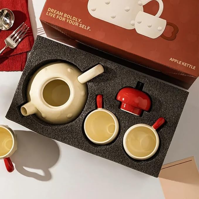 Apple-themed Modern Tea Set, 1 Teapot (28.7oz), 4 Teacups and 1 Tea Tray, Porcelain Tea Set for Adults, Cute Tea Set for Women Tea Party, Gift Package