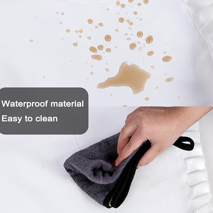 Glossy Cute Ruffled Apron, Lace-Up Model with Two Pockets, Vinyl Apron for Artists and Barbers, Waterproof