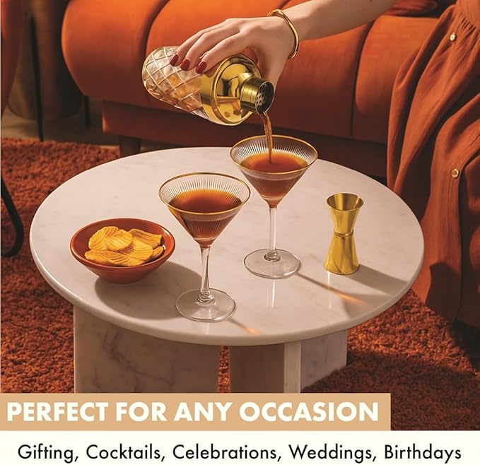 VEMACITY - Ribbed Espresso Martini Glasses Set of 4-8oz Gold Rim Cocktail Glasses with Bar Spoon and Jigger - For Margaritas, Cosmos & More | Ideal for Christmas & New Years