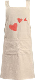 Cotton Linen Apron Non-tie Cross Back Kitchen Apron with Pockets Soft Comfortable Durable for Cooking Baking Gardening (Khaki,Heart)