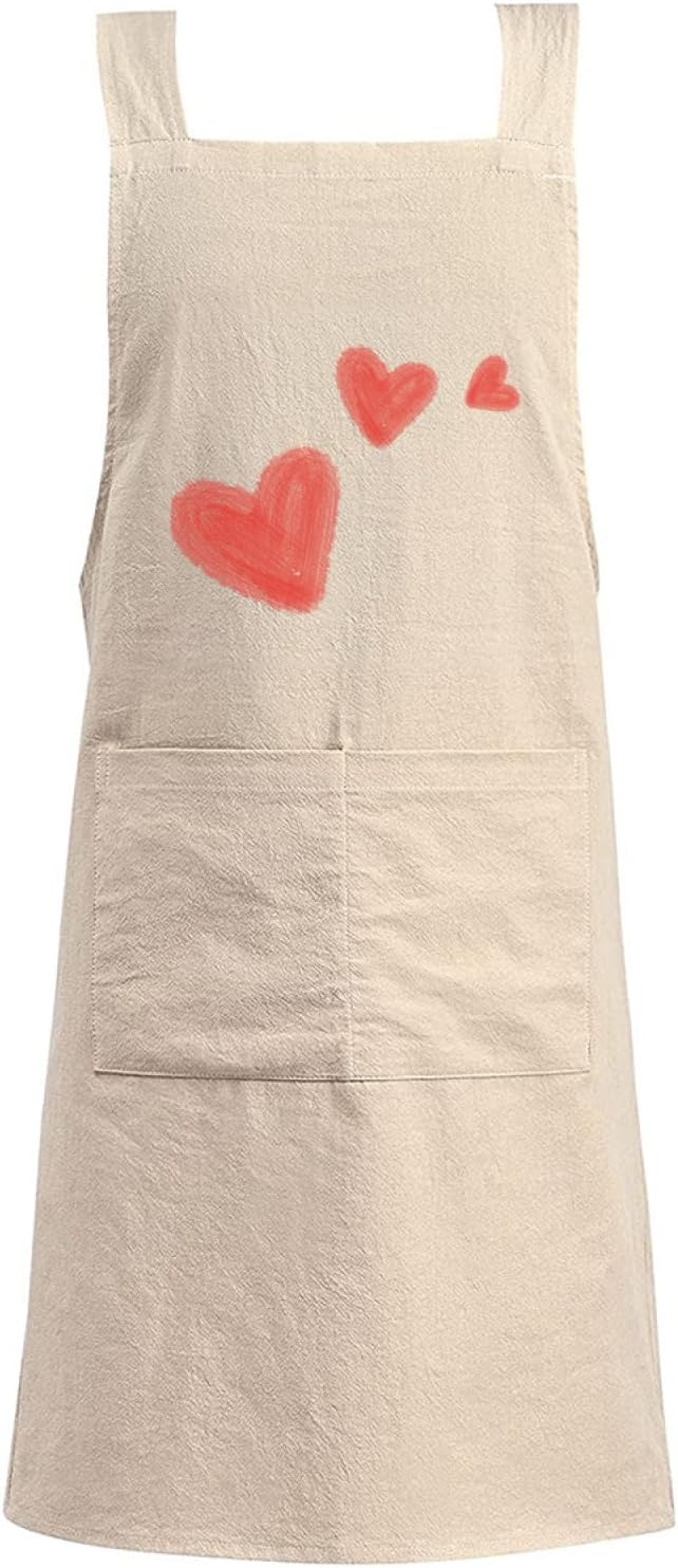 Cotton Linen Apron Non-tie Cross Back Kitchen Apron with Pockets Soft Comfortable Durable for Cooking Baking Gardening (Khaki,Heart)