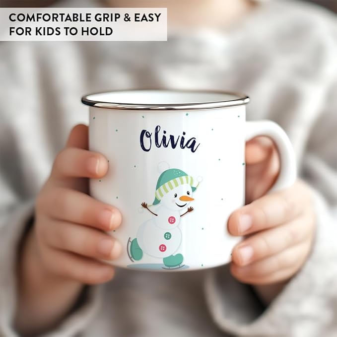 Andaz Press Personalized Name 11oz. Kids Christmas Hot Chocolate Stainless Steel Campfire Coffee Mug, Charming Snowman Aqua Ice Skates, 1-Pack, Custom Birthday Xmas Cup Kids Hot Chocolate Mug