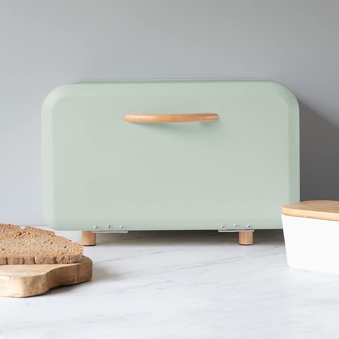 Navaris Bread Box - Metal Bread Bin Storage Tin with Front Opening Drop Down Door for Kitchen Counter or Shelf - Breadbox Container - Mint Green