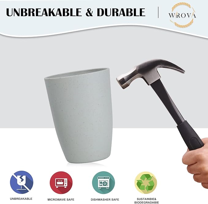 Wrova Wheat Straw Cups 8 PCS Good Alternative to Plastic Reusable Cups 20 oz Unbreakable Drinking Cup Reusable Dishwasher Safe Water Plastic Glasses Light Grey