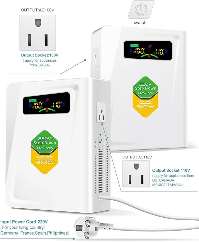 Power Converters 220v to 110v Step Down Transformer Voltage 3000w, No Noise, Ten Protection Functions, Suit for Air Fryer, Coffee Maker,for US Appliance Used in Europe